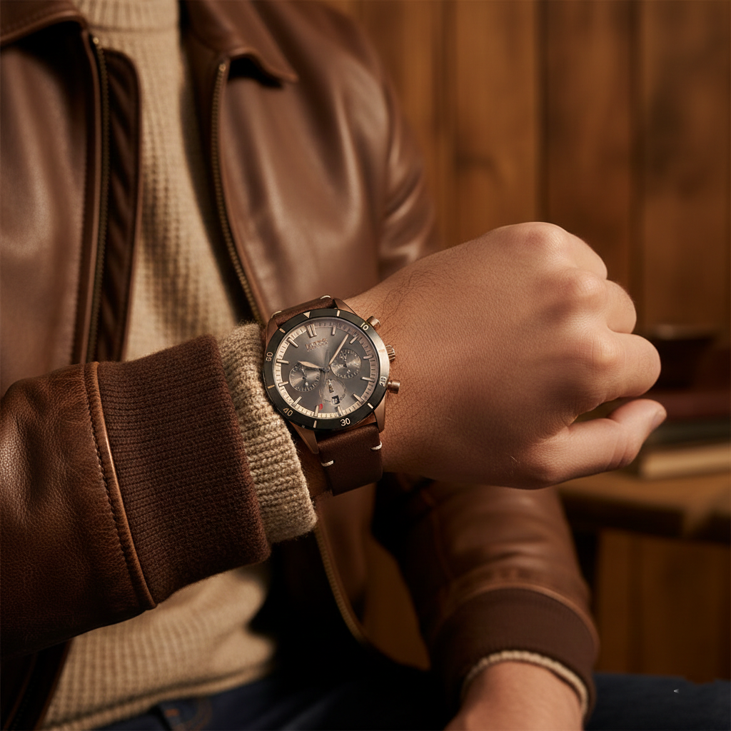 Male model wearing Hugo Boss Santiago 1513861 rose gold watch with a smart casual outfit