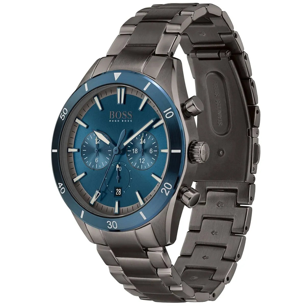 Angled view of the Hugo Boss 1513863 highlighting the grey chronograph pushers and case thickness