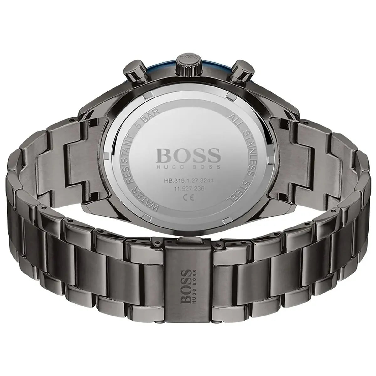 Grey ion-plated deployment clasp with engraved Boss logo on the bracelet of the 1513863