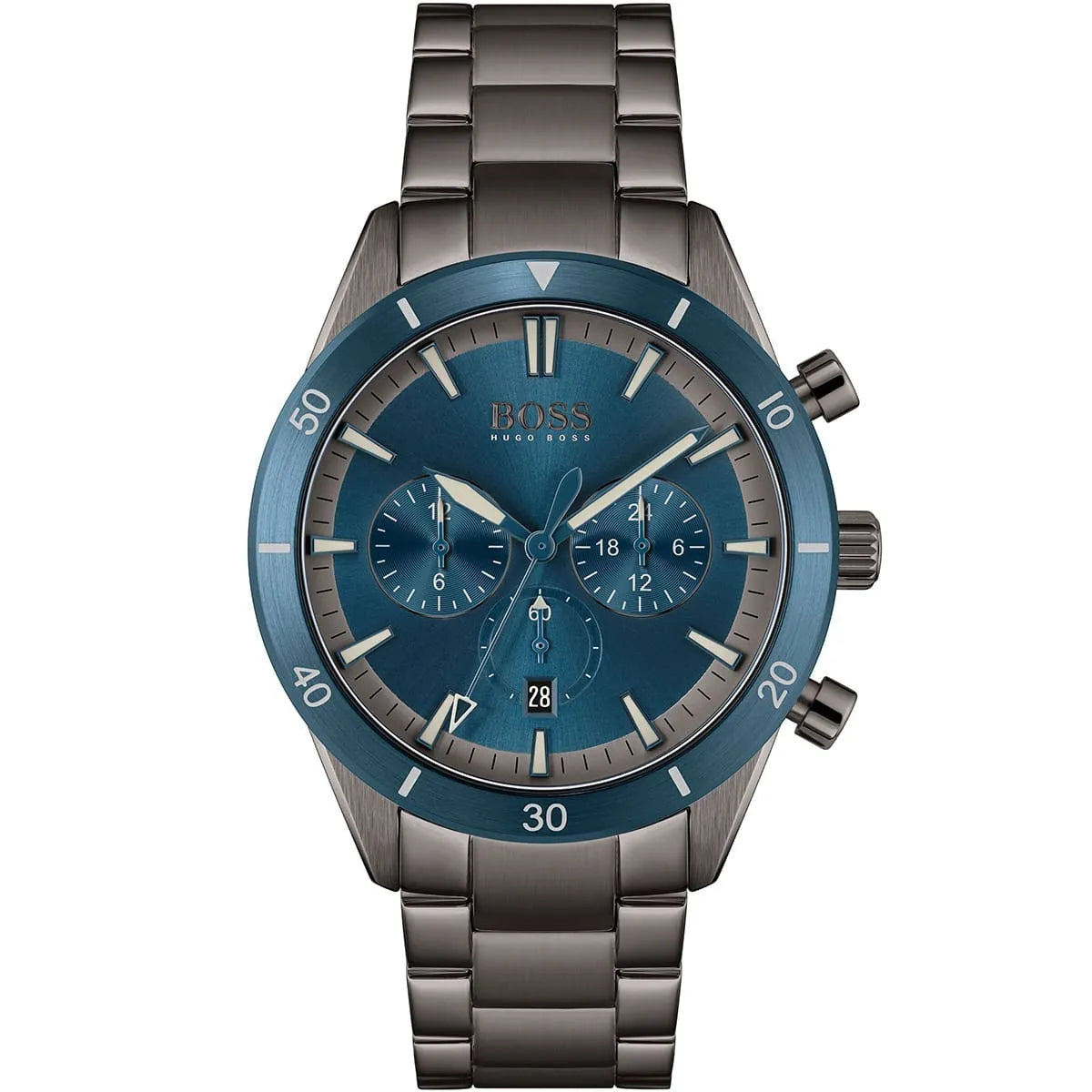 Hugo Boss Santiago 1513863 men's chronograph watch with grey ion-plated stainless steel strap and blue dial