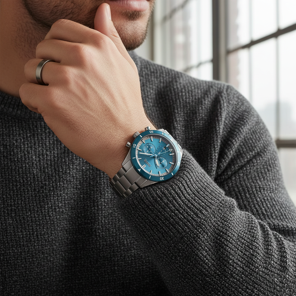 Male model wearing Hugo Boss Santiago 1513863 watch with a smart casual grey outfit