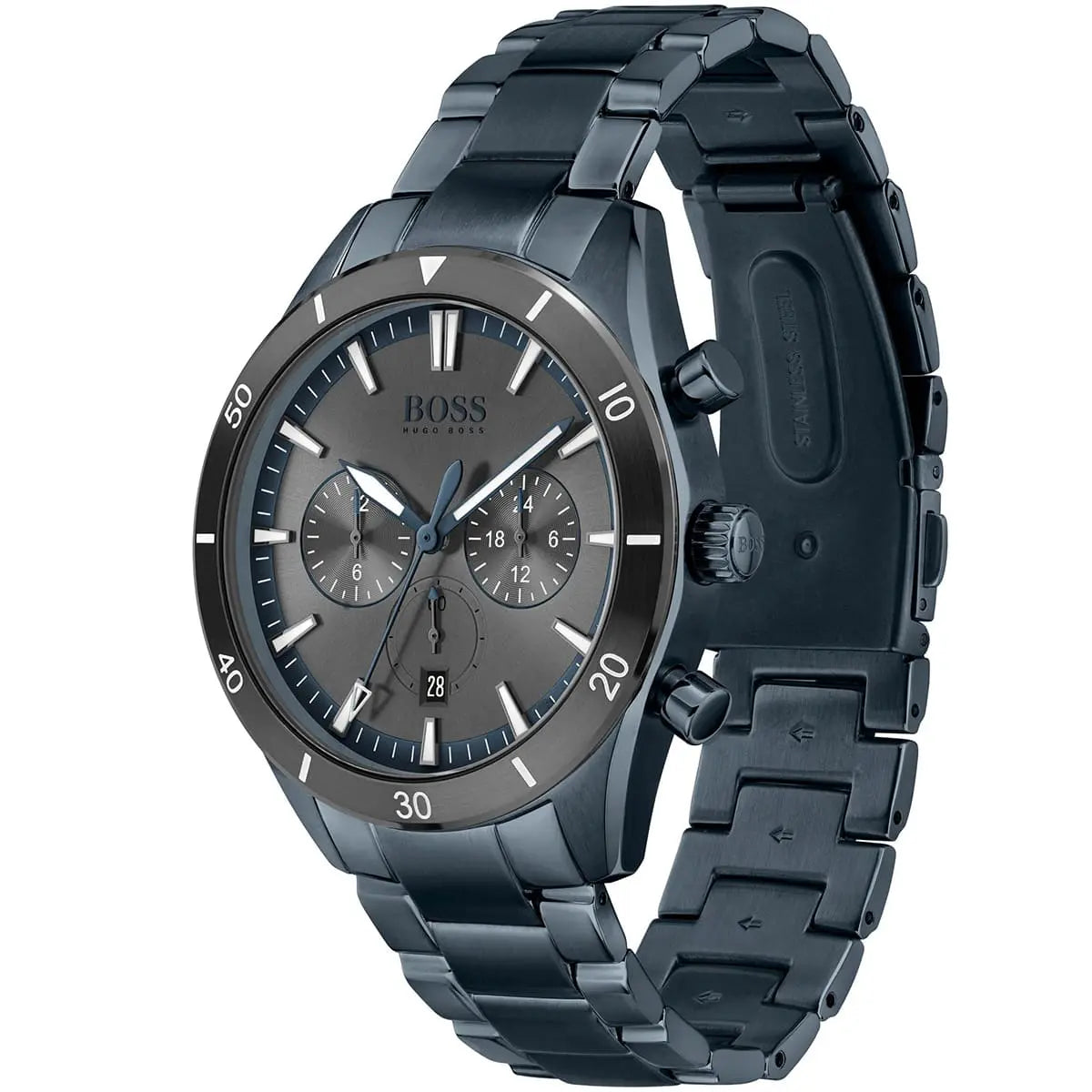 Angled view of the Hugo Boss 1513865 highlighting the blue ion-plated case and crown