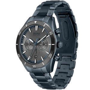 Angled view of the Hugo Boss 1513865 highlighting the blue ion-plated case and crown