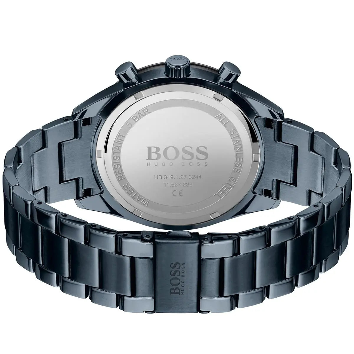 Blue ion-plated deployment clasp with engraved Boss logo on the bracelet of the 1513865