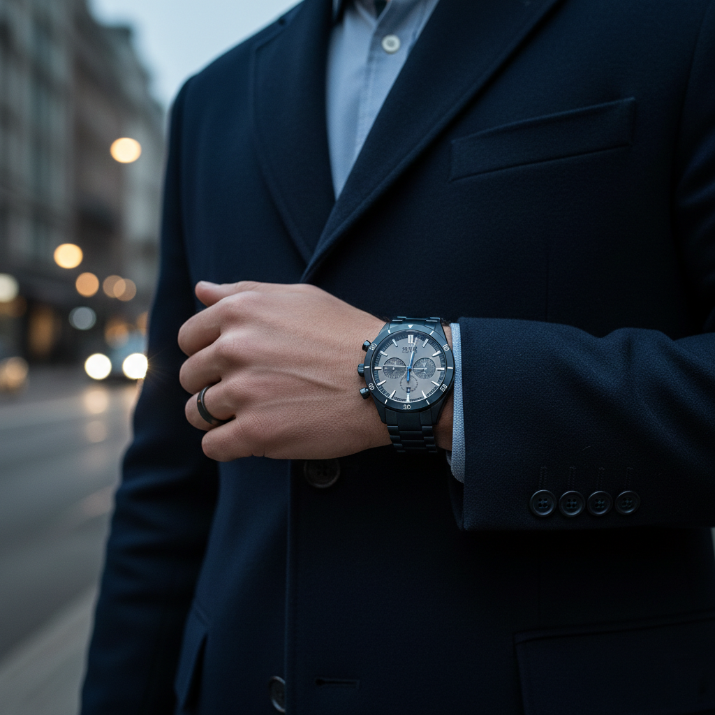 Male model wearing Hugo Boss Santiago 1513865 blue watch with a smart casual outfit