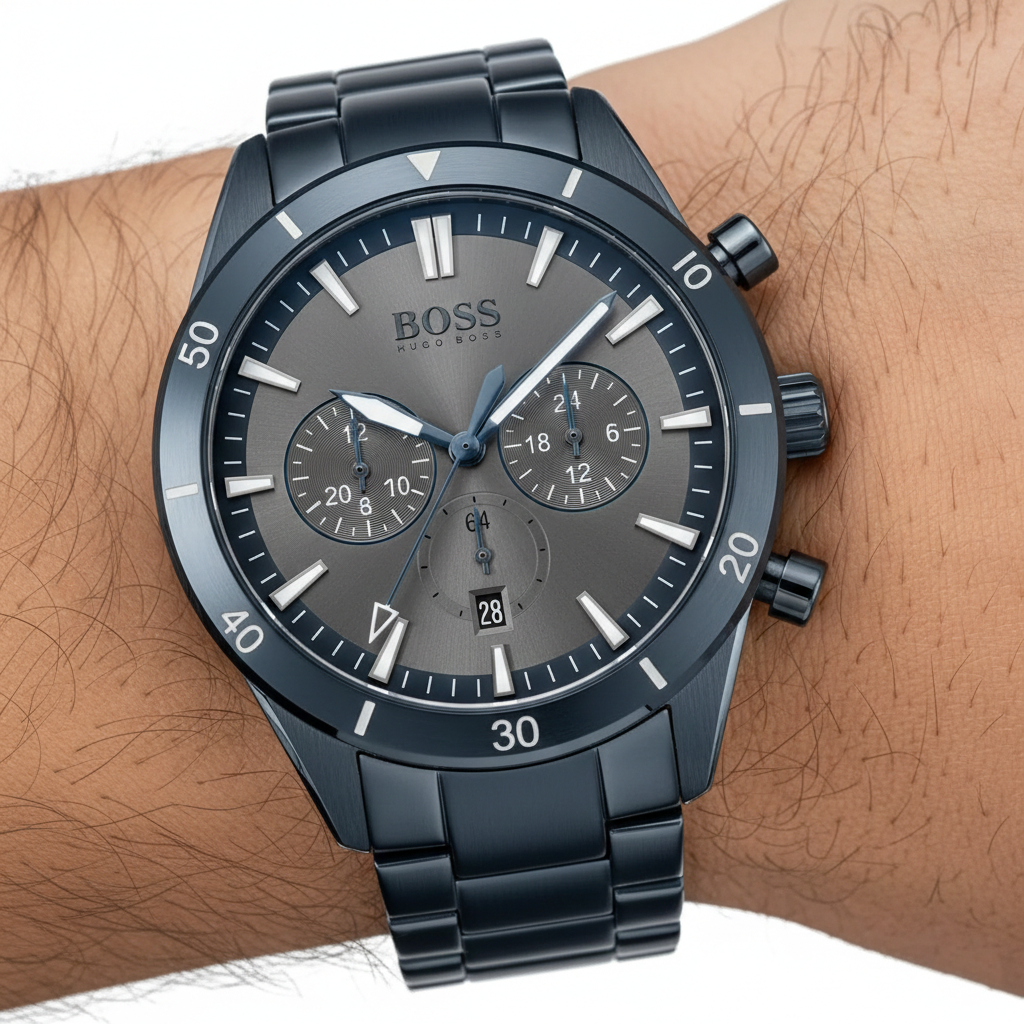 Close up shot of Hugo Boss Santiago 1513865 watch on wrist showing the unique blue steel finish