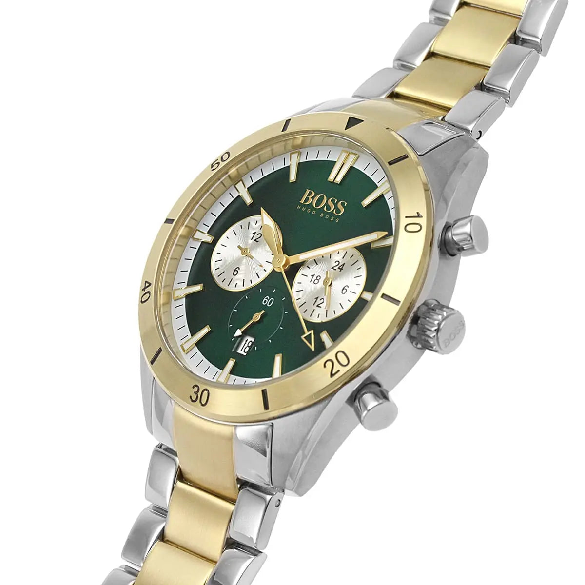 Detailed side view of the gold crown and buttons on the Hugo Boss 1513872