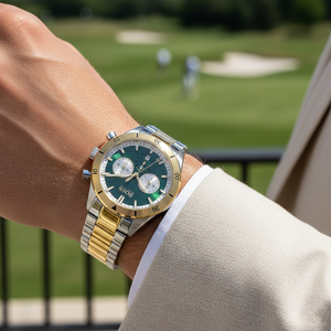 Male model wearing Hugo Boss Santiago 1513872 two-tone watch with a stylish outfit