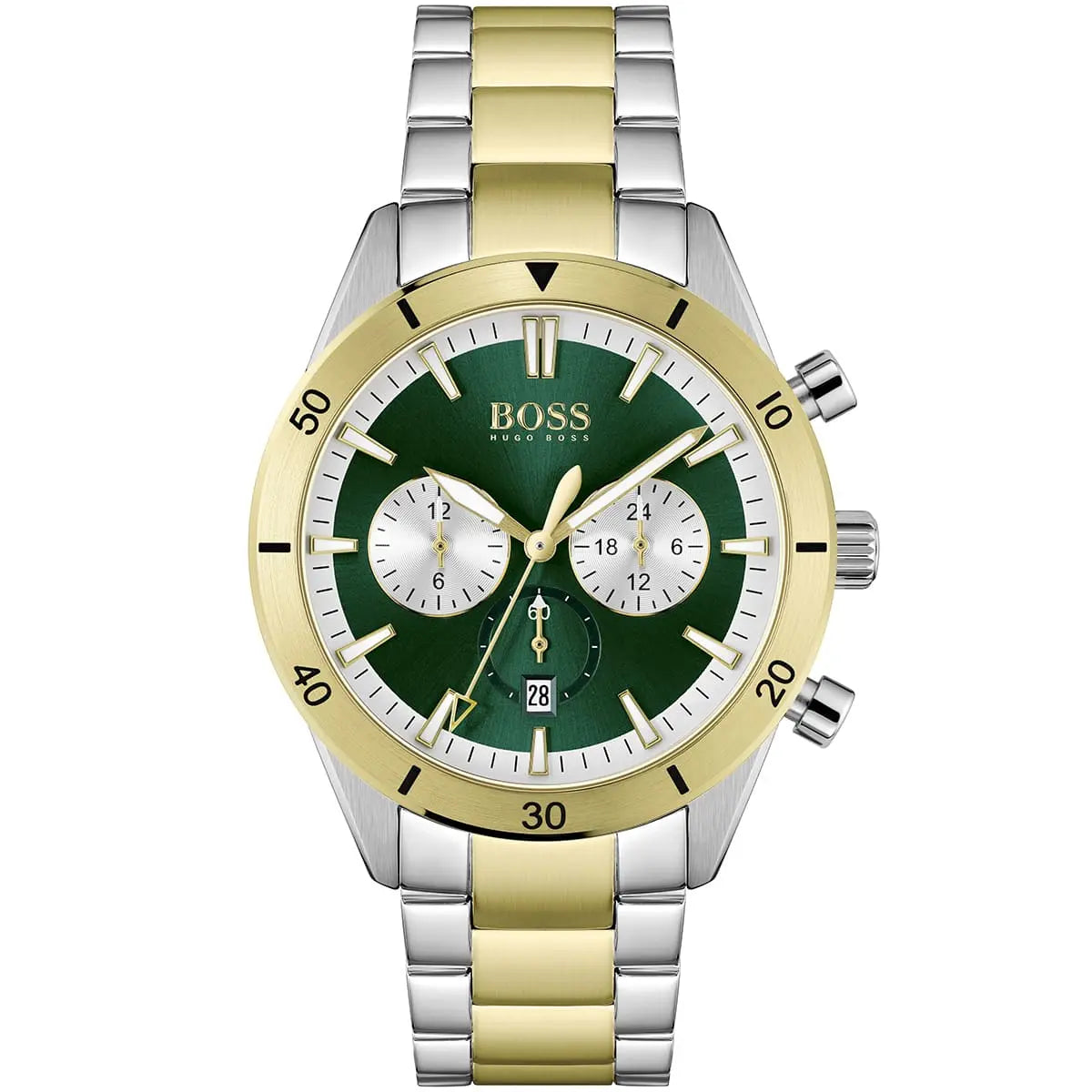 Hugo Boss Santiago 1513872 men's watch with two-tone silver and gold strap and green dial