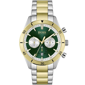Hugo Boss Santiago 1513872 men's watch with two-tone silver and gold strap and green dial
