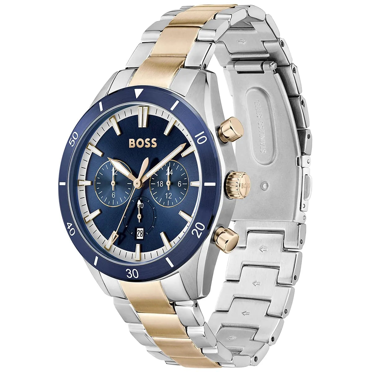 Detailed side view of the rose gold crown and chronograph buttons on the Hugo Boss 1513937