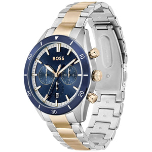 Detailed side view of the rose gold crown and chronograph buttons on the Hugo Boss 1513937