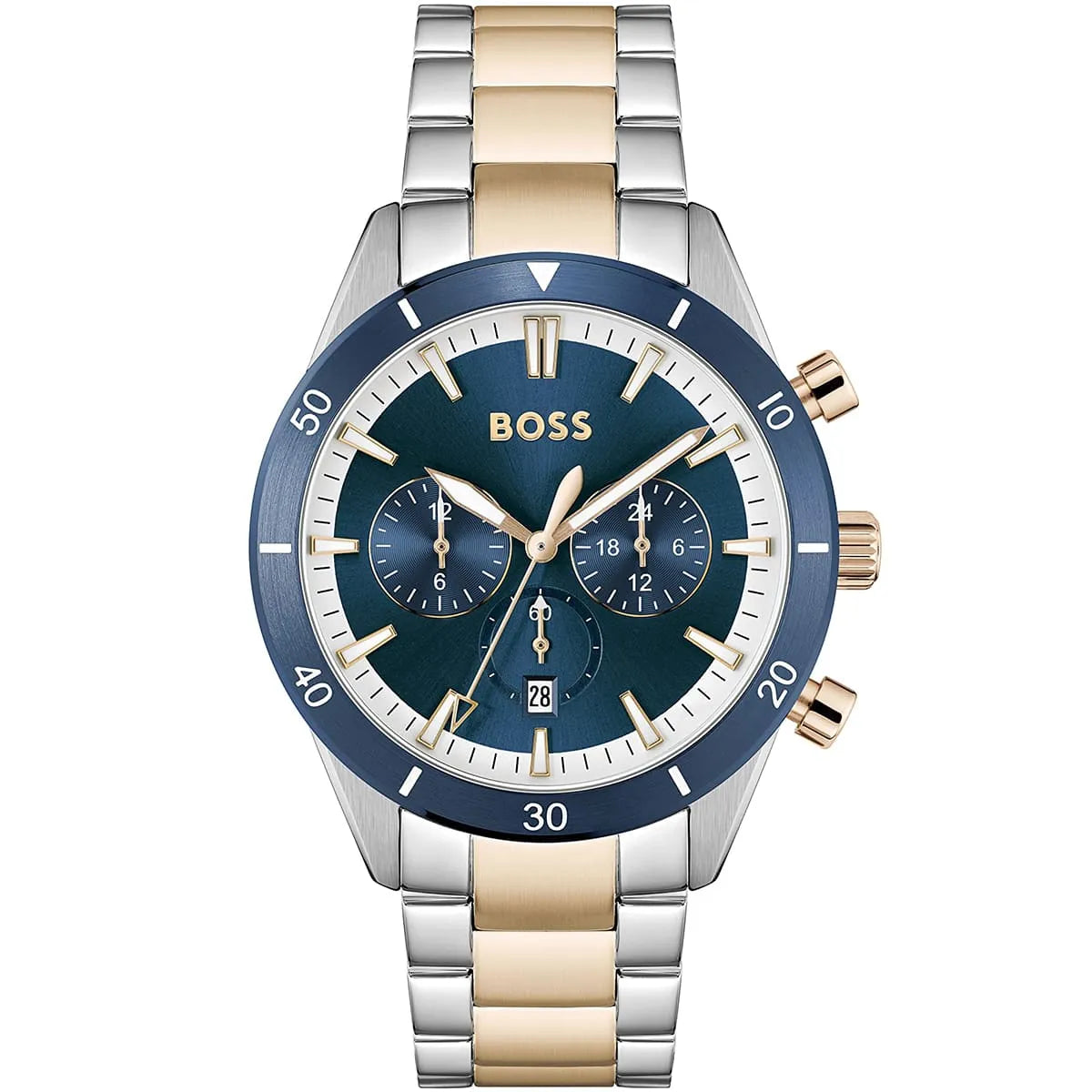 Hugo Boss Santiago 1513937 men's chronograph watch with two-tone rose gold strap and blue dial