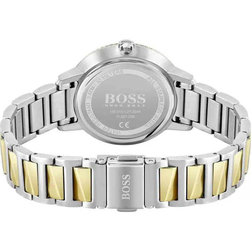 Angled shot highlighting the polished two-tone link bracelet of Hugo Boss 1502568
