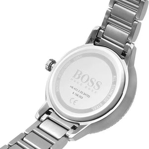 Back case view of Hugo Boss 1502568 watch showing official logo and specs