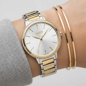 Close up of silver dial and sparkling crystal bezel of Hugo Boss 1502568