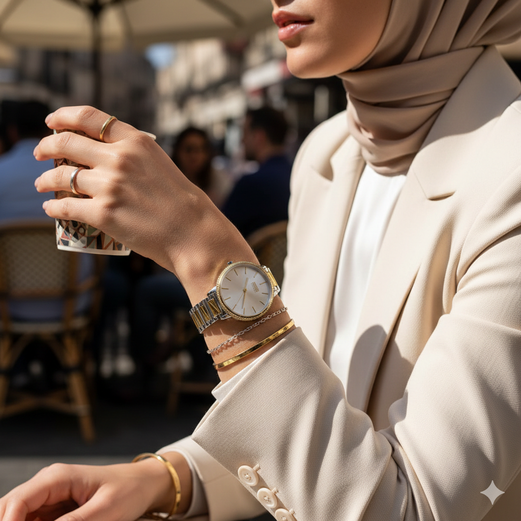 Woman wearing elegant Hugo Boss Signature 1502568 watch in two-tone