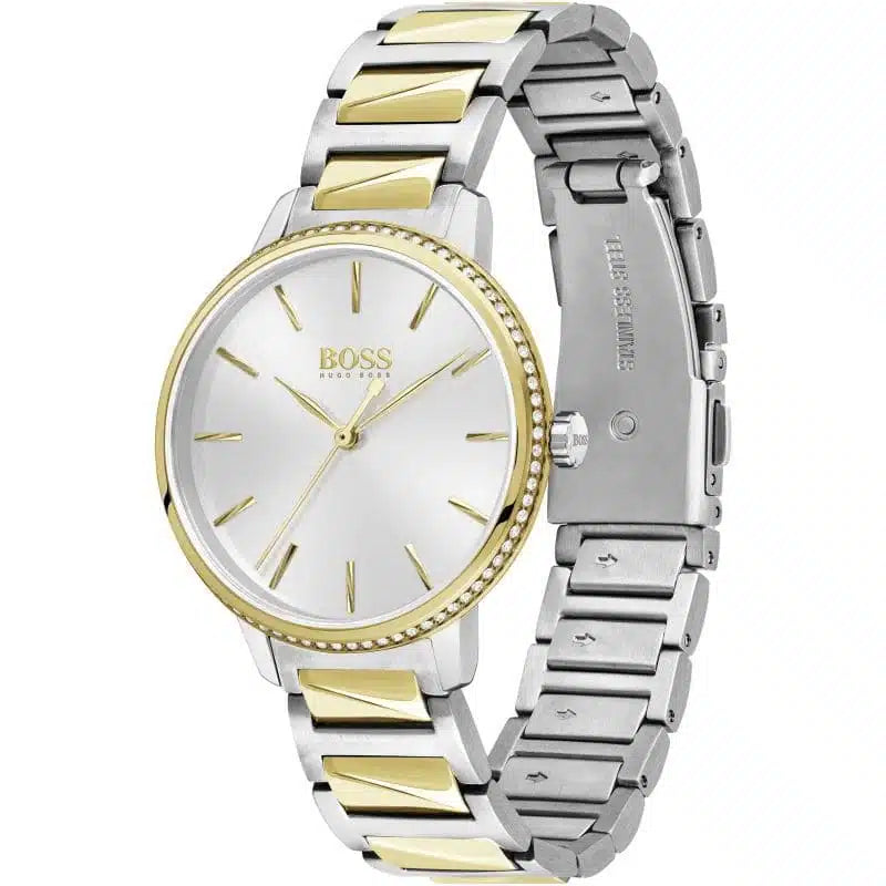 Right side view of Hugo Boss 1502568 showing two-tone case and crown
