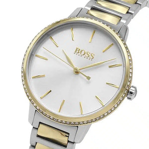 Profile view of Hugo Boss Signature showing slim case thickness and link bracelet