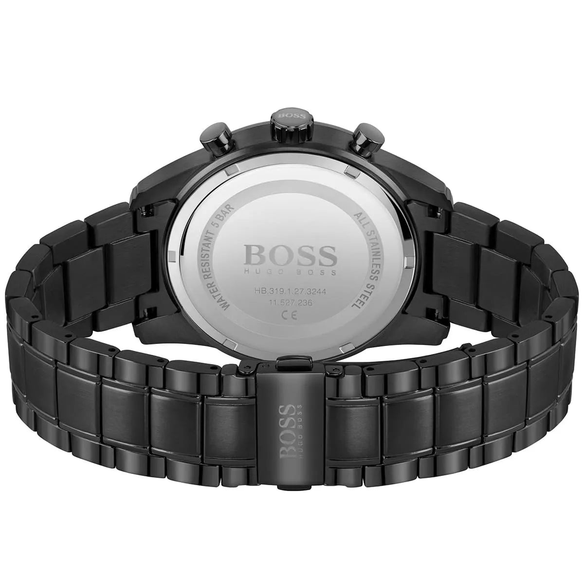 Back view of the Hugo Boss 1513785 watch showing the stainless steel caseback details