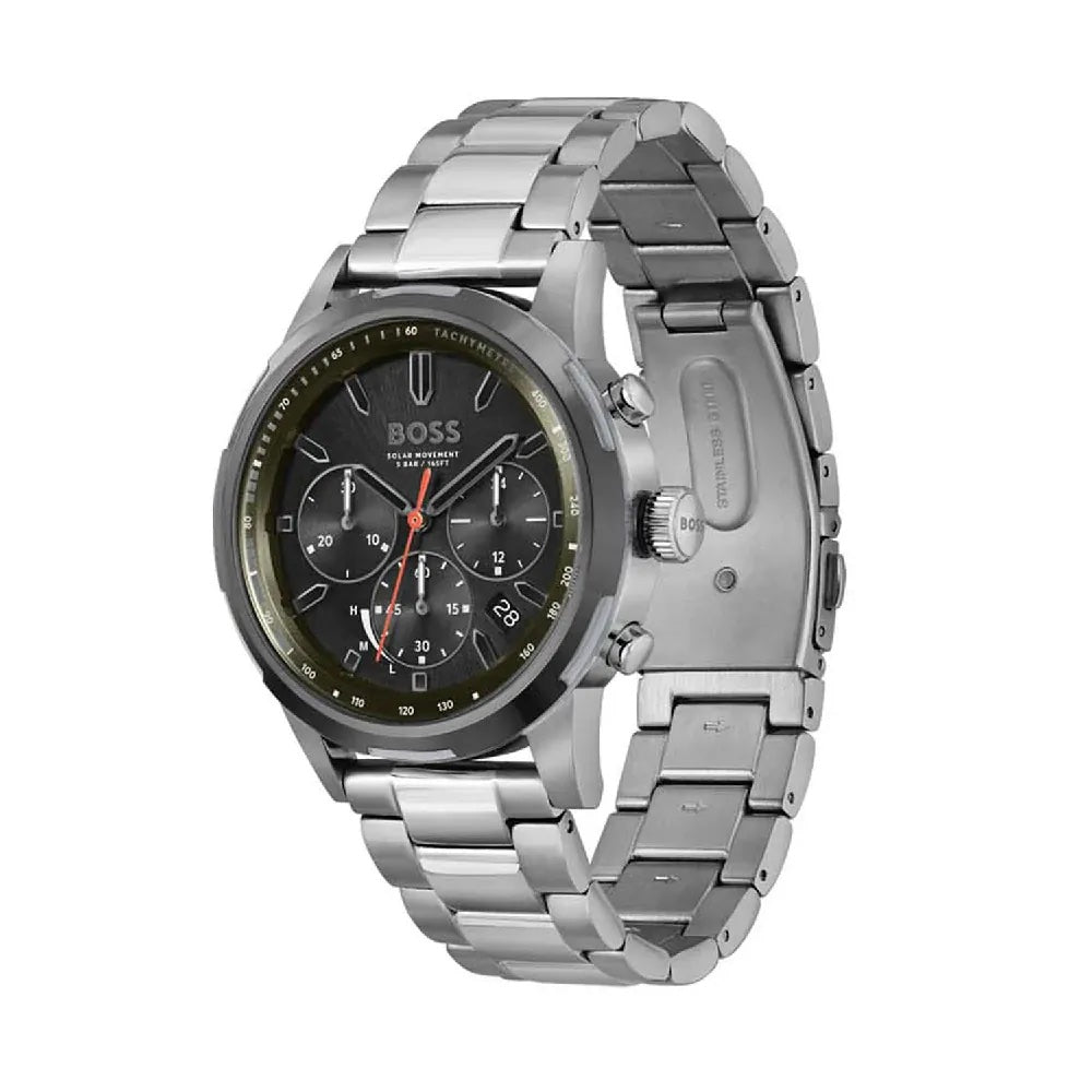 Left side perspective of the Hugo Boss 1514034 green dial and grey bracelet link