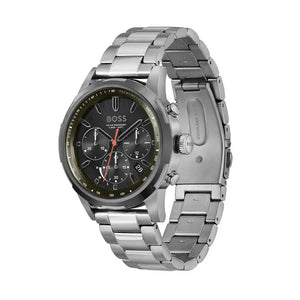 Left side perspective of the Hugo Boss 1514034 green dial and grey bracelet link