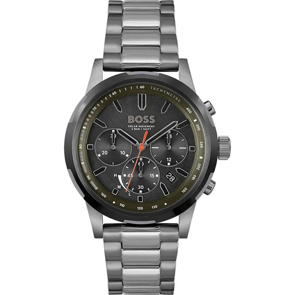 Hugo Boss Solgrade 1514034 men's solar watch with grey ion-plated stainless steel strap and olive green dial
