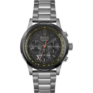Hugo Boss Solgrade 1514034 men's solar watch with grey ion-plated stainless steel strap and olive green dial
