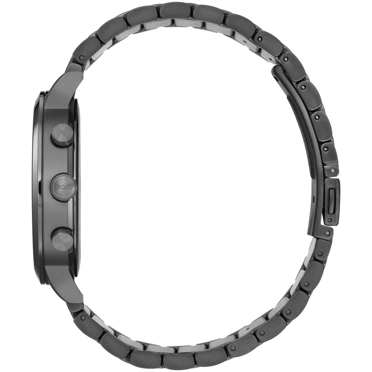 Angled view of the Hugo Boss 1513695 highlighting the gunmetal case and pushers