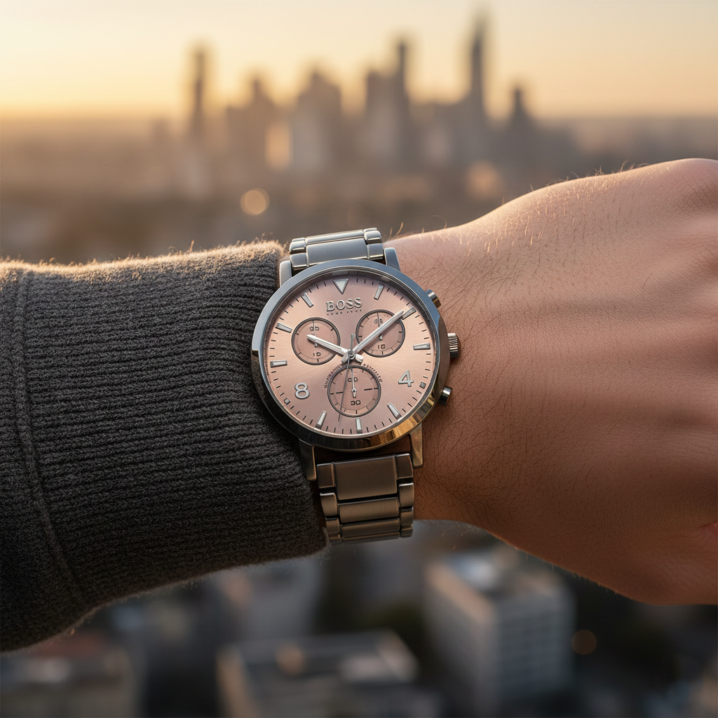 Male model wearing Hugo Boss Spirit 1513695 grey watch with a classic outfit
