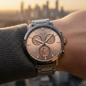 Close up shot of Hugo Boss Spirit 1513695 watch on wrist showing the unique champagne bronze dial