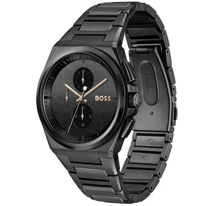 Angled view of the Hugo Boss 1514068 highlighting the polished silver case and pushers