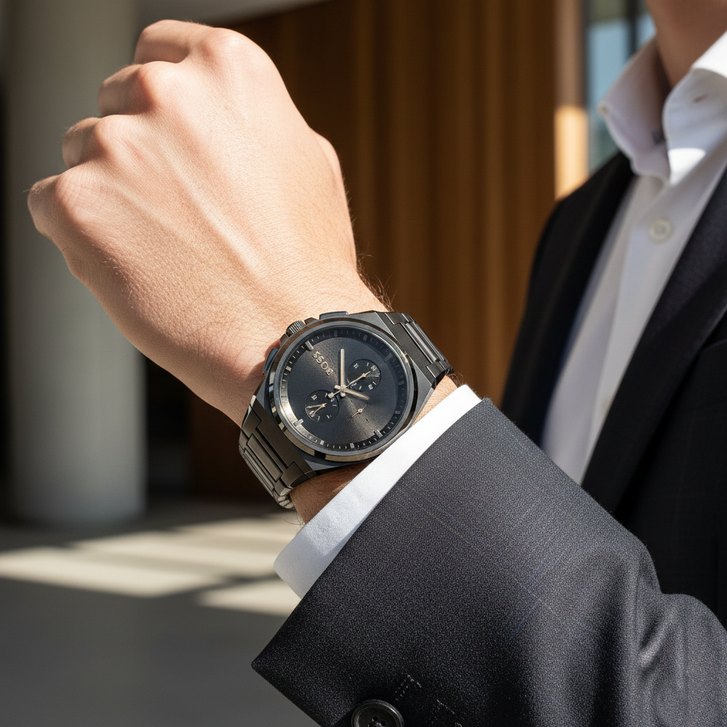 Male model wearing Hugo Boss Steer 1514068 silver watch with a smart casual outfit