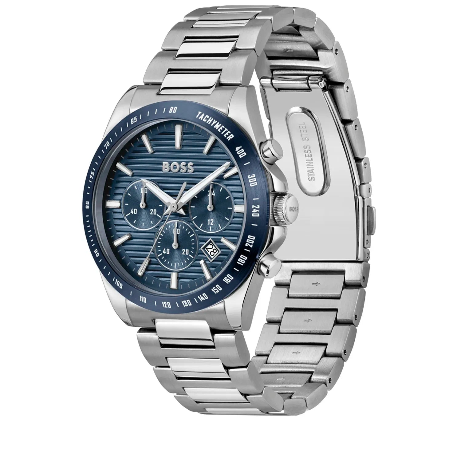 Angled view of the Hugo Boss 1514240 highlighting the tachymeter bezel and chronograph pushers