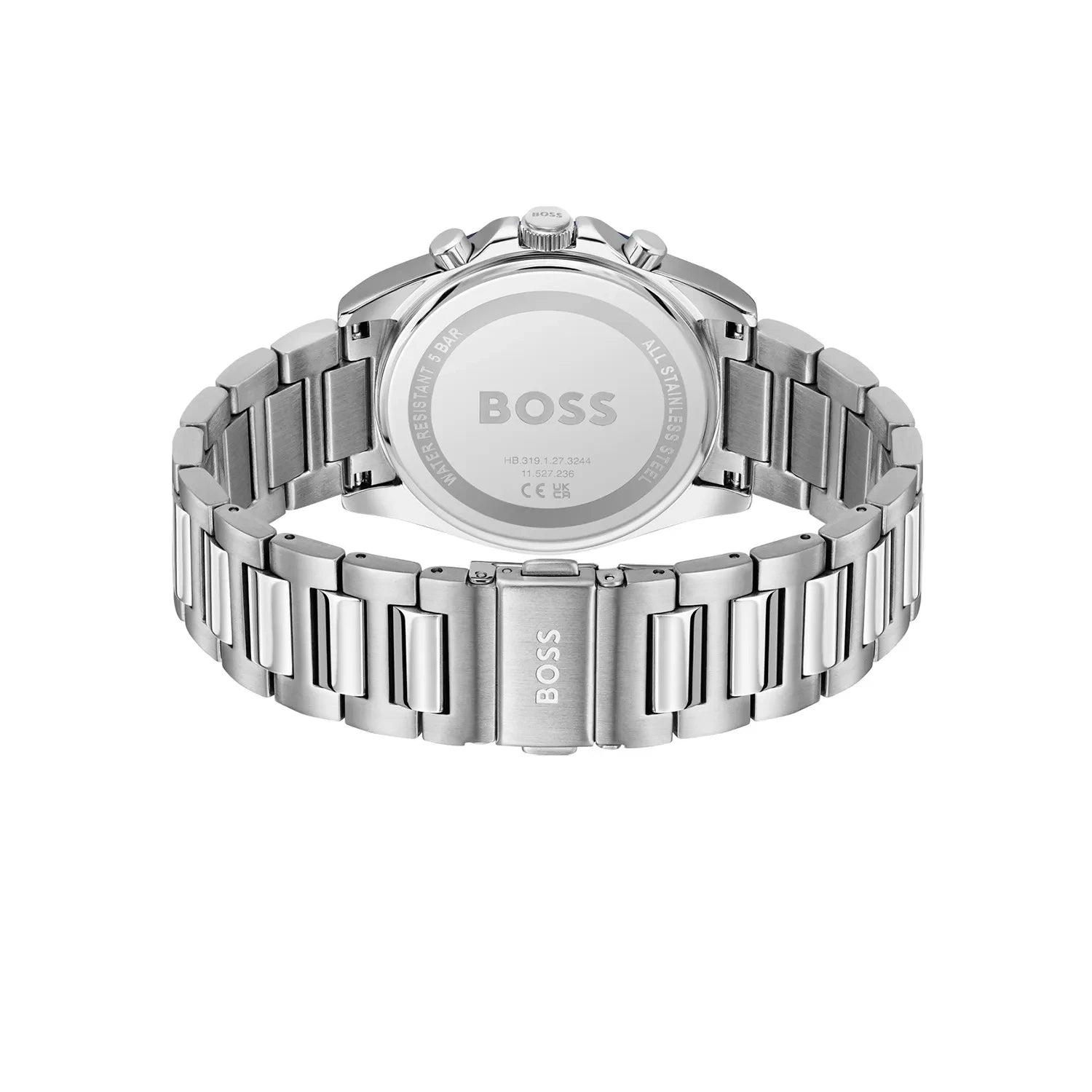 Back view of the Hugo Boss 1514240 watch showing the stainless steel caseback details