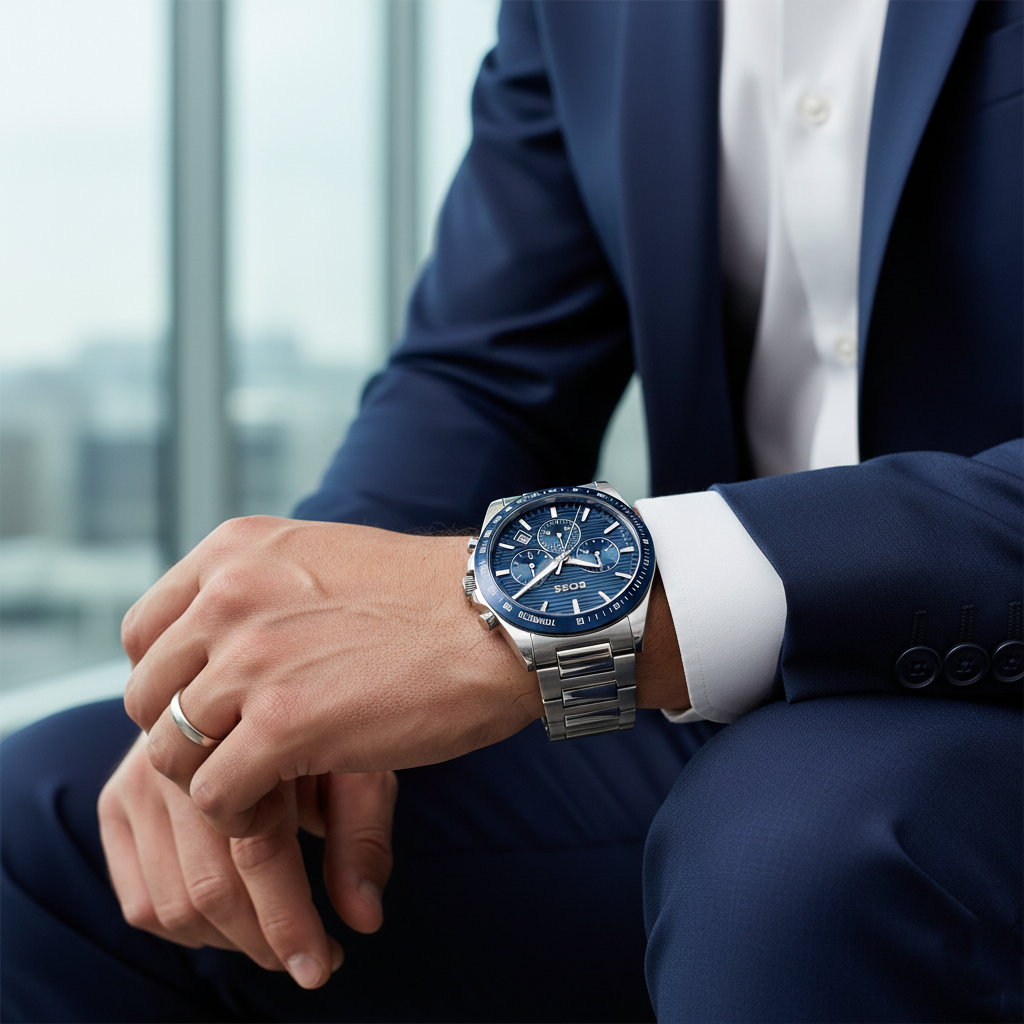 Male model wearing Hugo Boss Strike 1514240 watch with a smart casual outfit