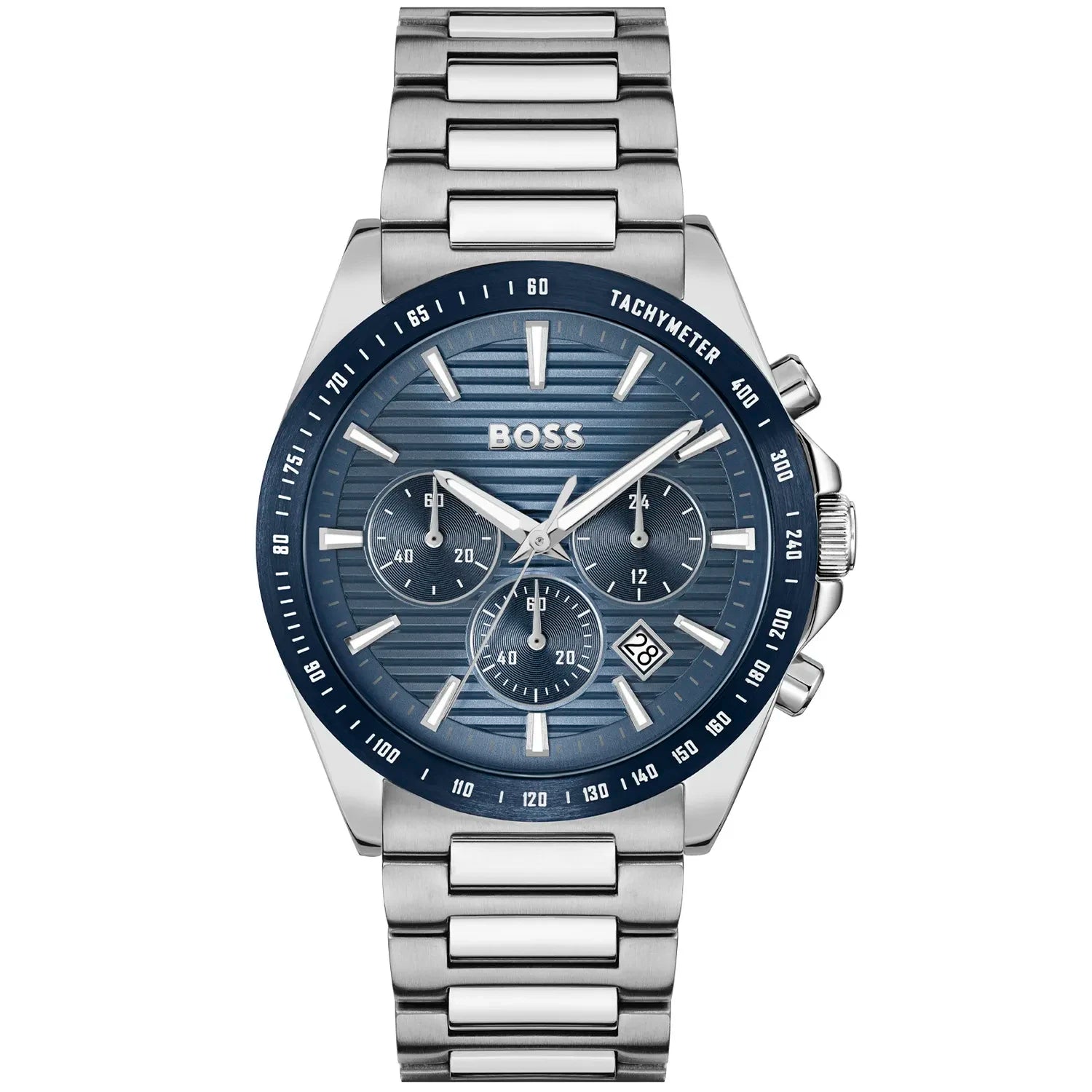 Hugo Boss Strike 1514240 men's chronograph watch with silver stainless steel strap and textured blue dial