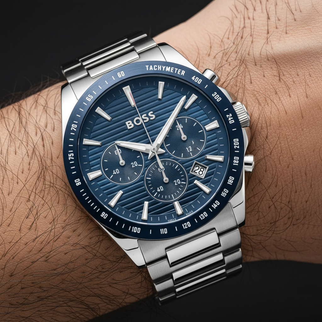 Close up shot of Hugo Boss 1514240 watch on wrist showing the blue textured dial details