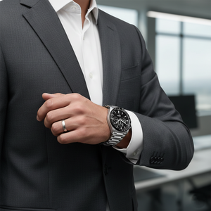 Male model wearing Hugo Boss Strike 1514290 watch with a formal business suit