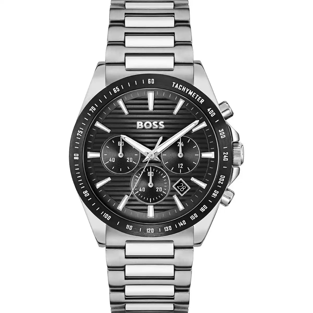 Hugo Boss Strike 1514290 men's chronograph watch with silver stainless steel strap and black dial