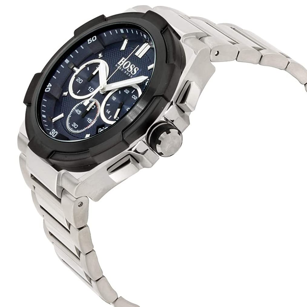 Angled view of the Hugo Boss 1513360 highlighting the grey tachymeter bezel and pushers
