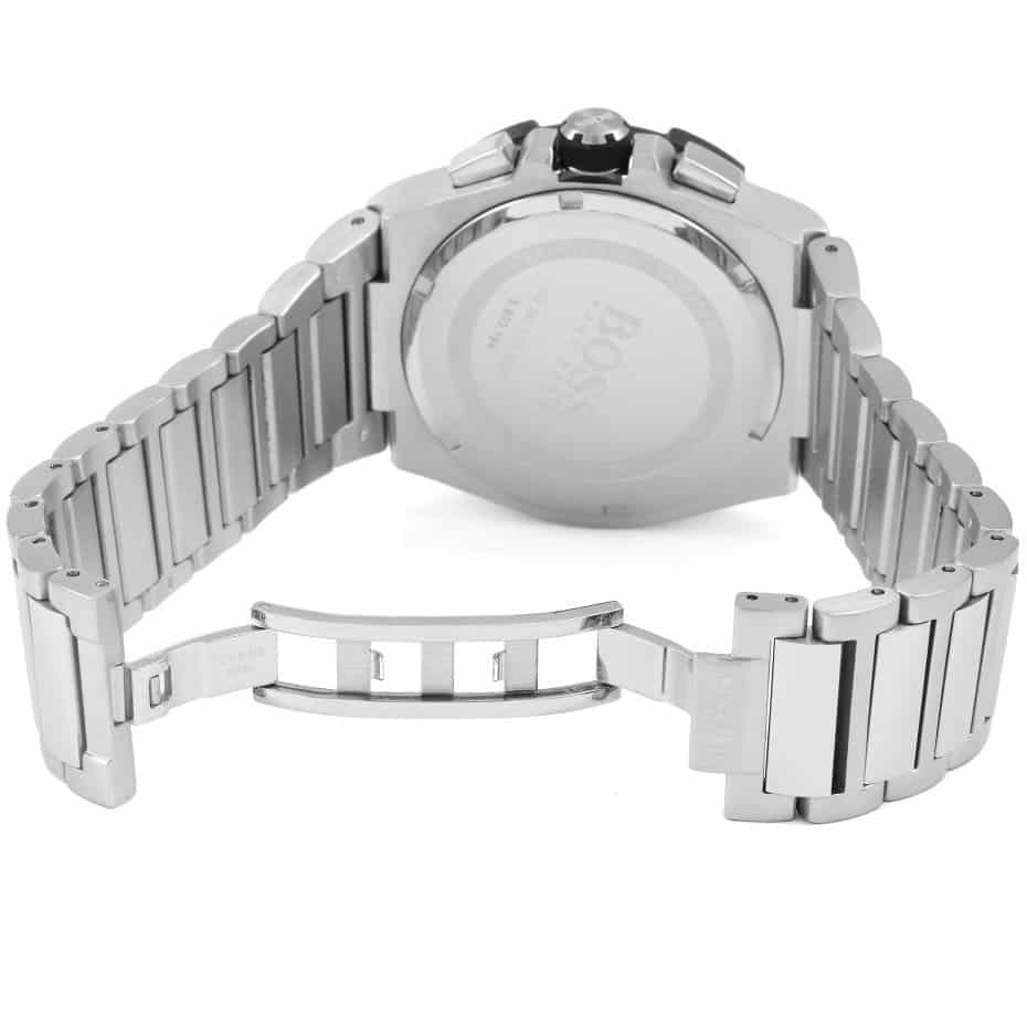 Silver-tone deployment clasp with engraved Boss logo on the bracelet of the 1513360