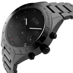 Left side perspective of the Hugo Boss 1513581 black dial and ceramic bracelet detail