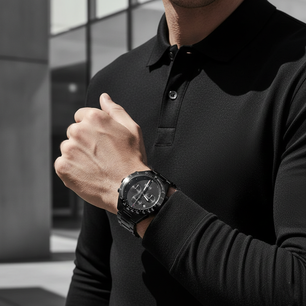 Male model wearing Hugo Boss Talent 1513581 ceramic watch with a modern business casual outfit
