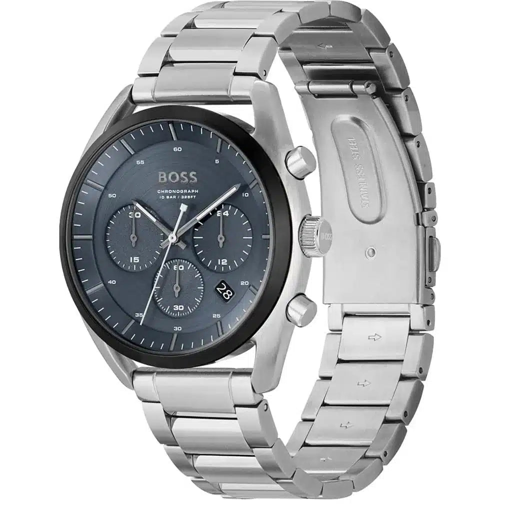 Angled view of the Hugo Boss 1514093 highlighting the polished silver case and pushers
