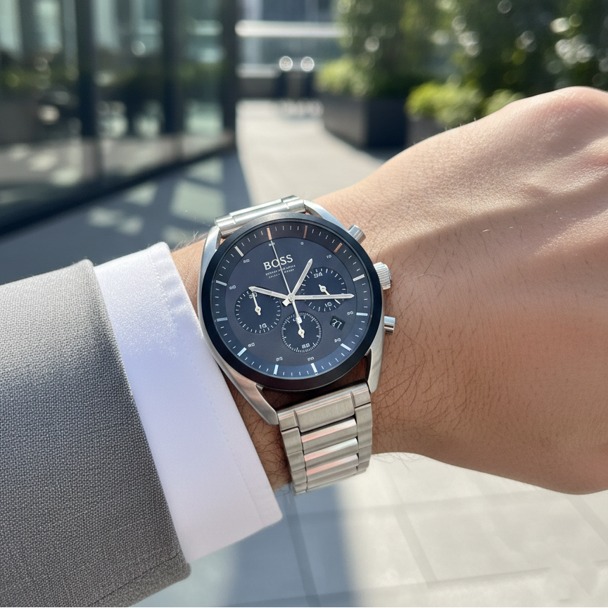 Male model wearing Hugo Boss Top 1514093 silver watch with a business casual outfit