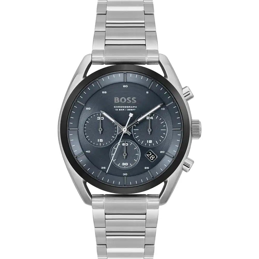 Hugo Boss Top 1514093 men's chronograph watch with silver stainless steel strap and blue dial