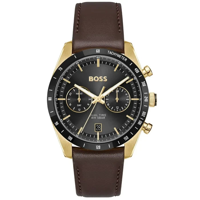 Front view of Hugo Boss Tourmaster 1514285 dual time men's watch on a white background.