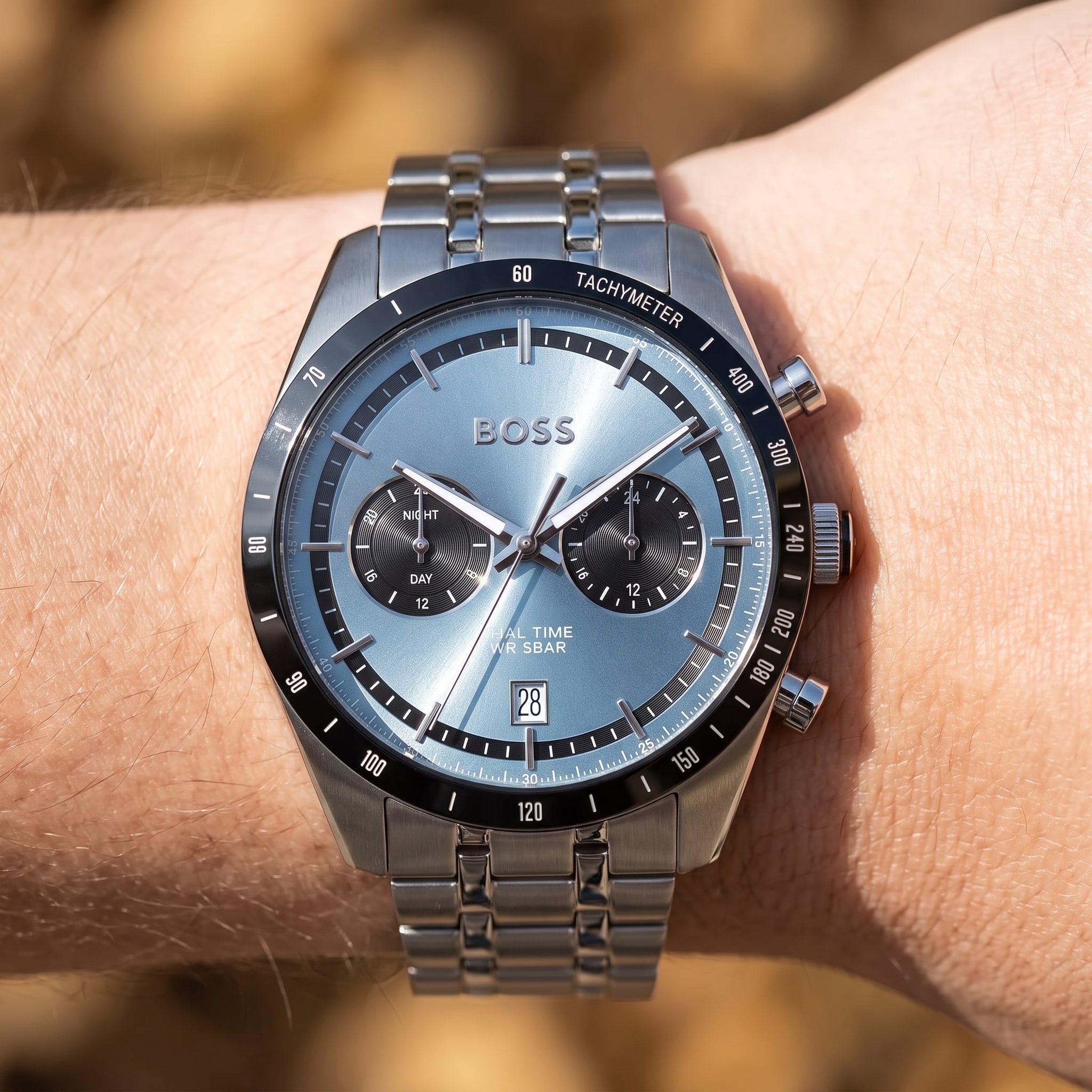 Live wrist shot of Hugo Boss Tourmaster 1514286 dual time men's watch.