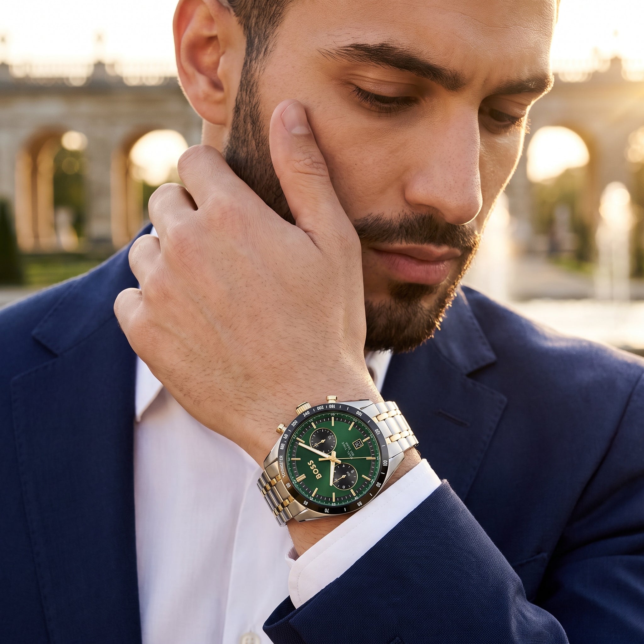 Lifestyle luxury shot featuring Hugo Boss Tourmaster 1514287 dual time men's watch.